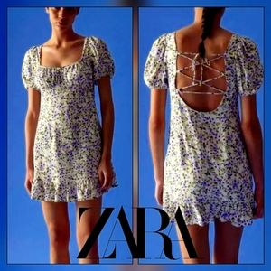 Zara Lilac Mint Mini Dress w/ Puff Sleeves, Ruffle & Lace Back